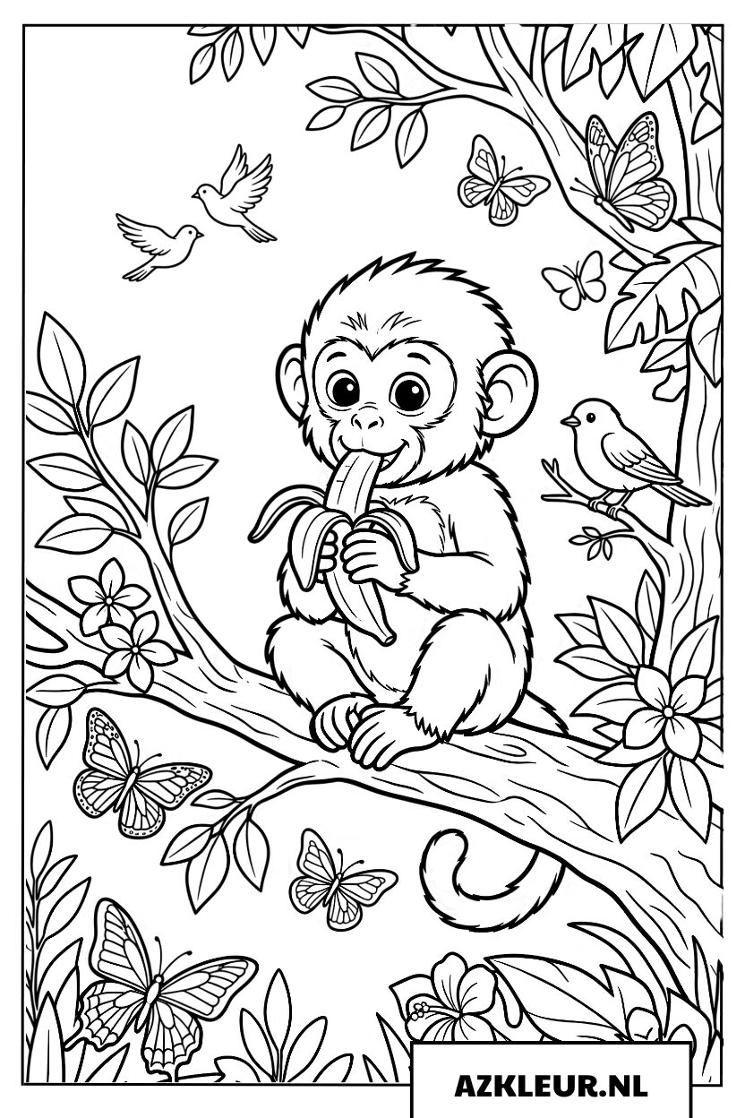 Kleine aap smult van een lekkere banaan in de boom Kleurplaat