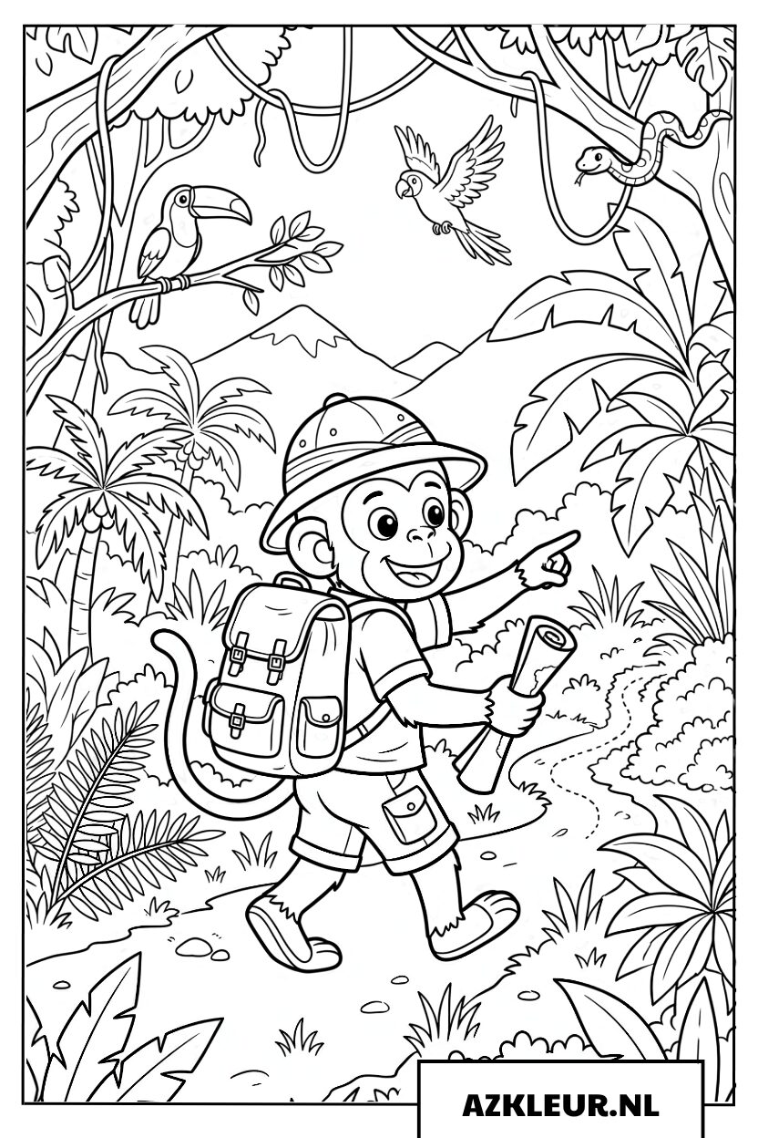 Kleine ontdekkingsreiziger aap met rugzak in het bos Kleurplaat