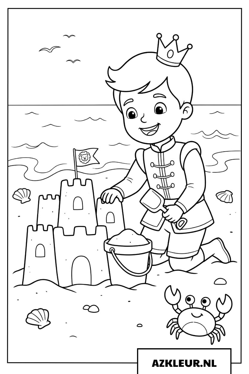 Kleine prins bouwt vrolijk een zandkasteel op het strand Kleurplaat