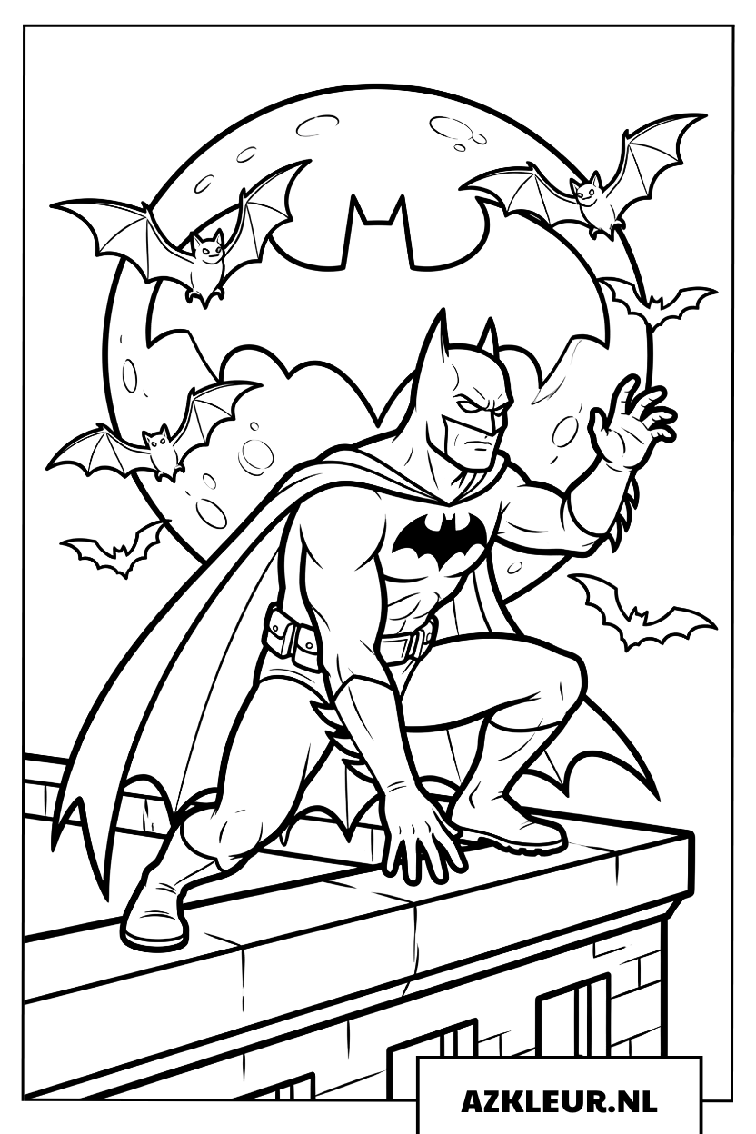 Kleurplaat Batman op Dak in de Nacht