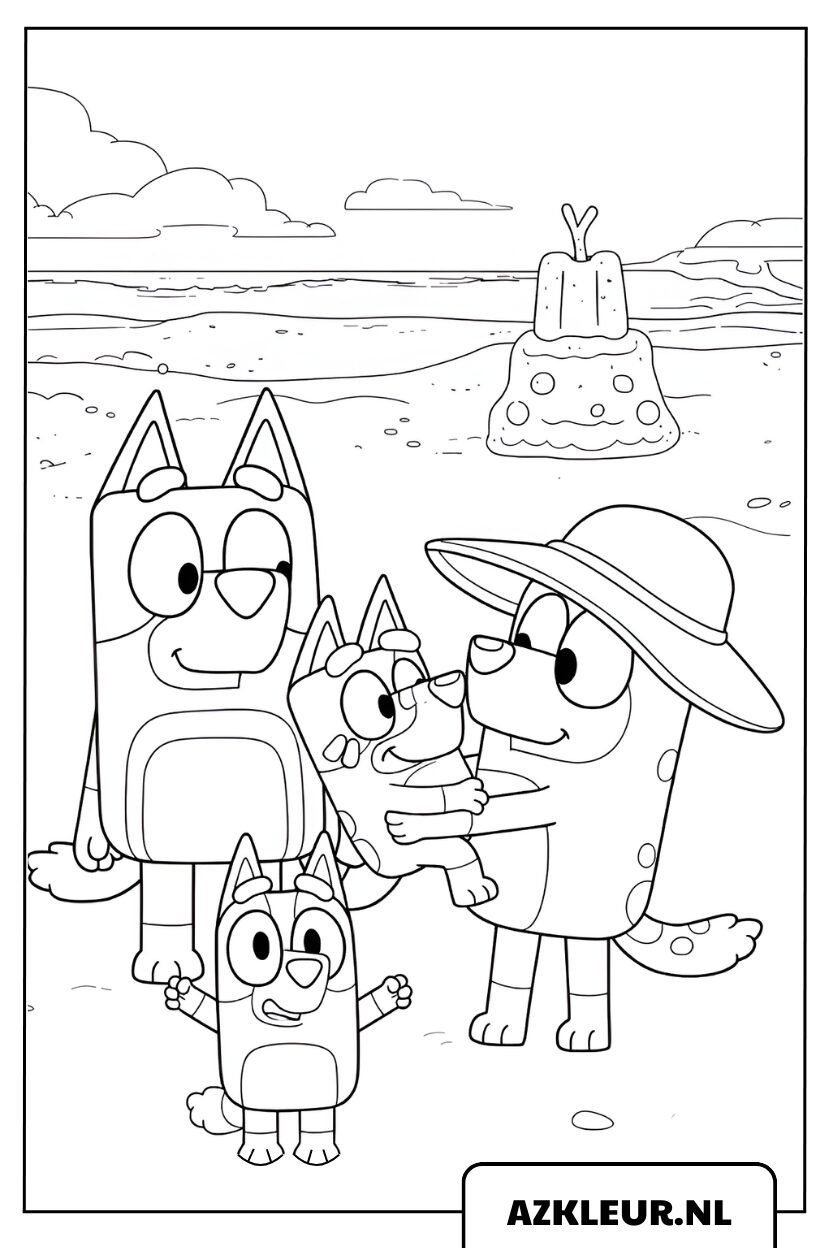 Kleurplaat De familie Bluey gaat naar het strand