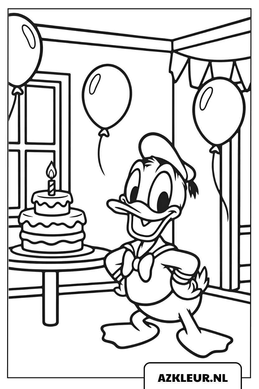 Kleurplaat Donald Duck op een verjaardagsfeest