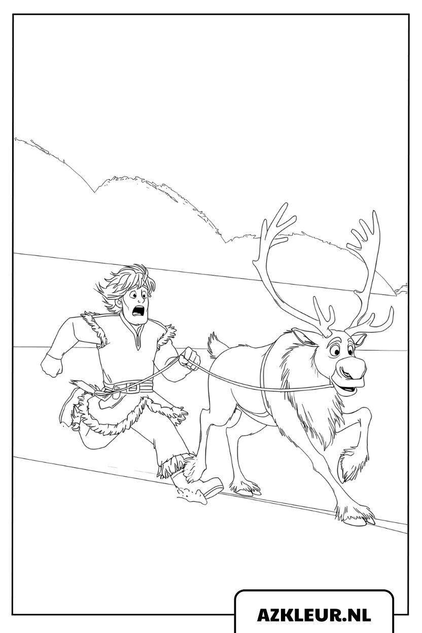 Kleurplaat Frozen met Kristoff die door Sven wordt voortgetrokken