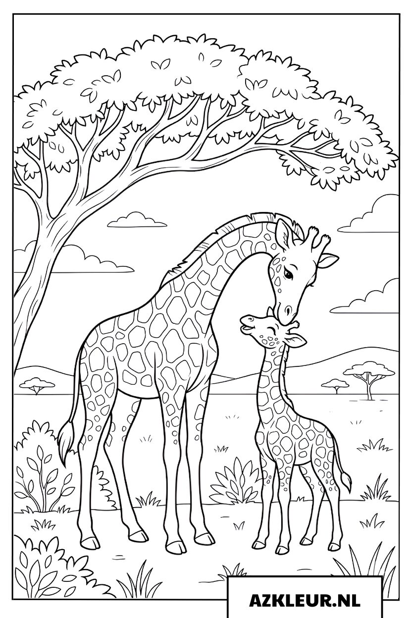 Kleurplaat Giraffenmoeder en kalfje samen