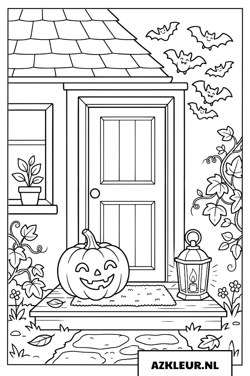 Kleurplaat Halloween pompoen bij het huis
