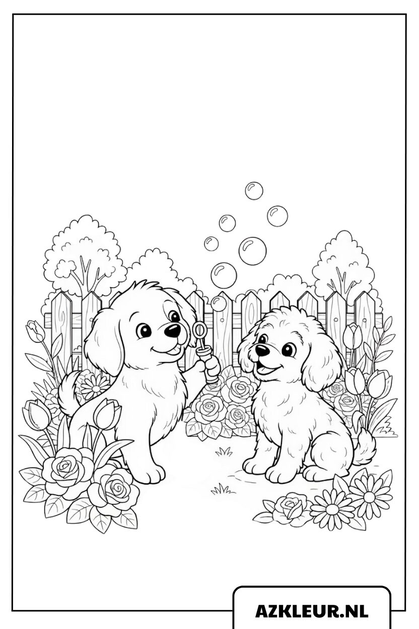Dibujo para colorear de un perro: dos cachorros jugando juntos