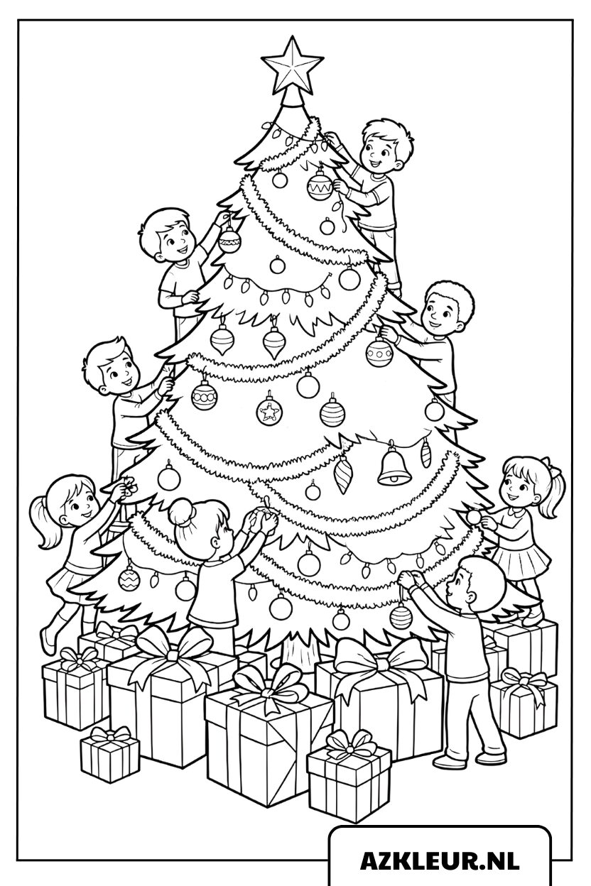 Página para colorear: Árbol de Navidad decorado por niños