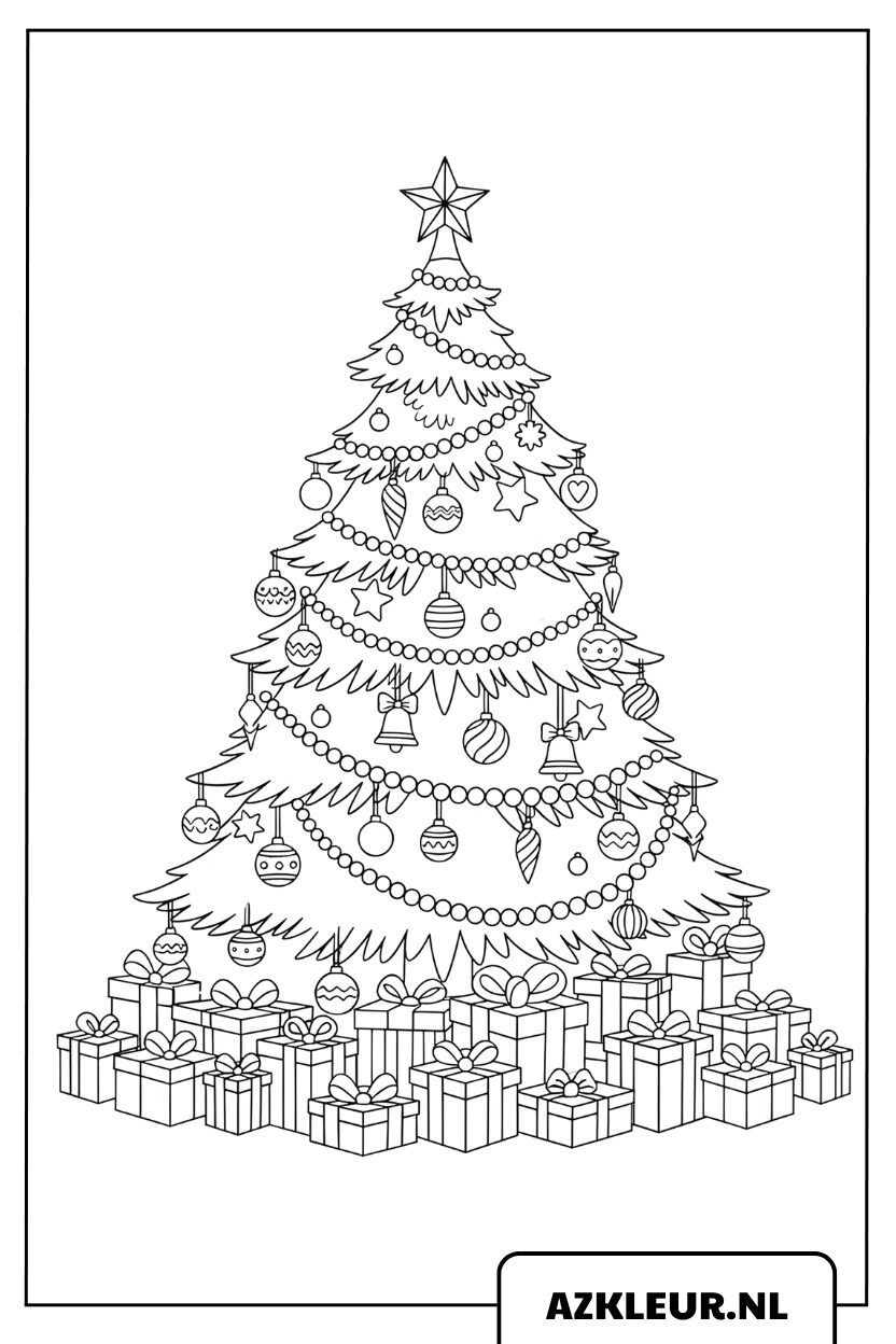 Página para colorear: árbol de Navidad con regalos debajo del árbol