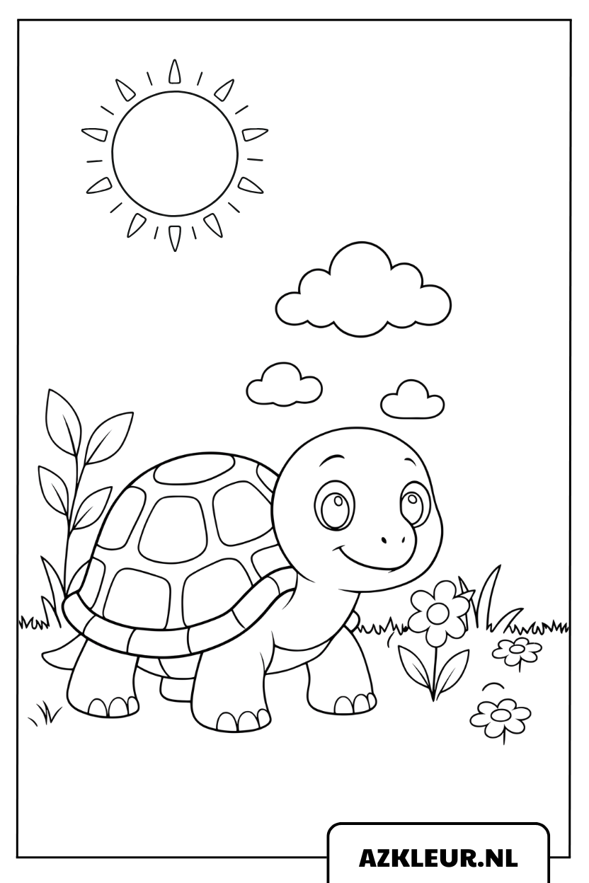 Kleurplaat Kleine Schildpad op een Zonnige Dag