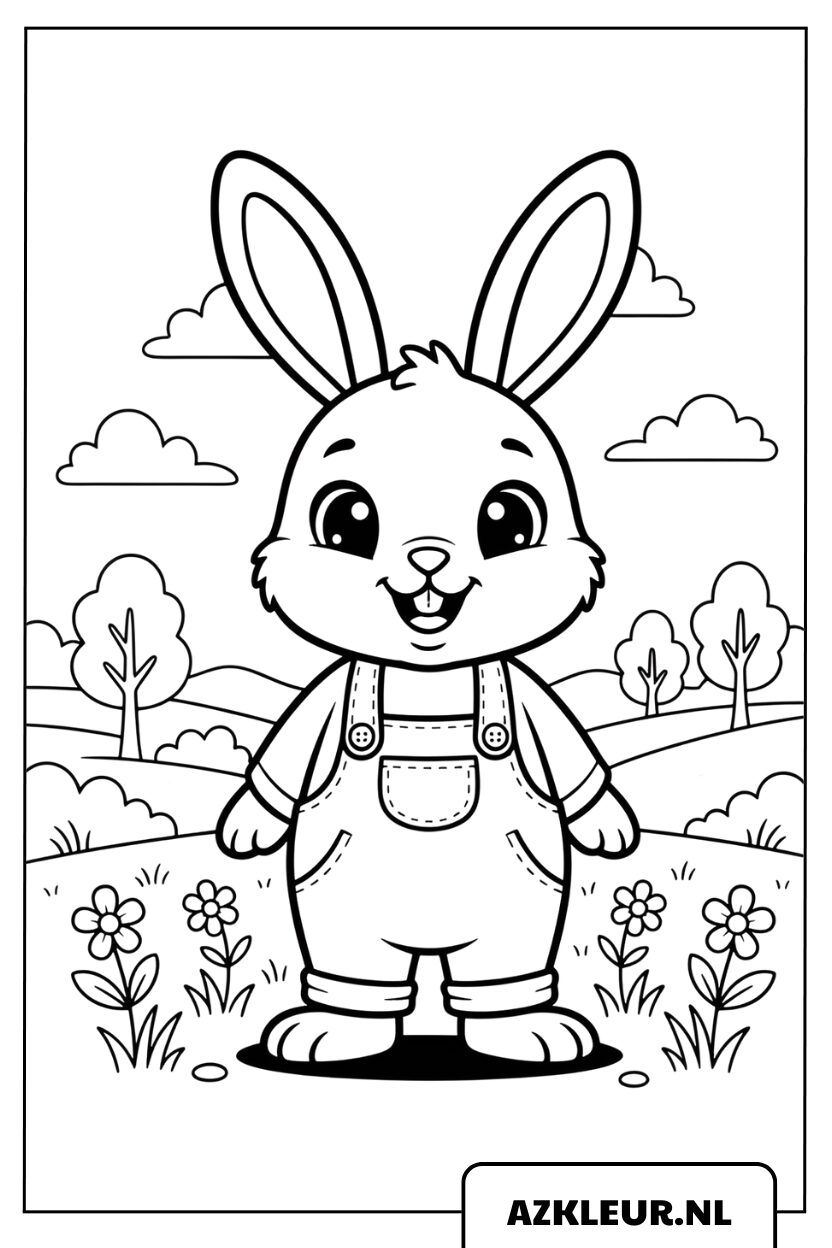Página para colorear: conejito lindo en la pradera de flores