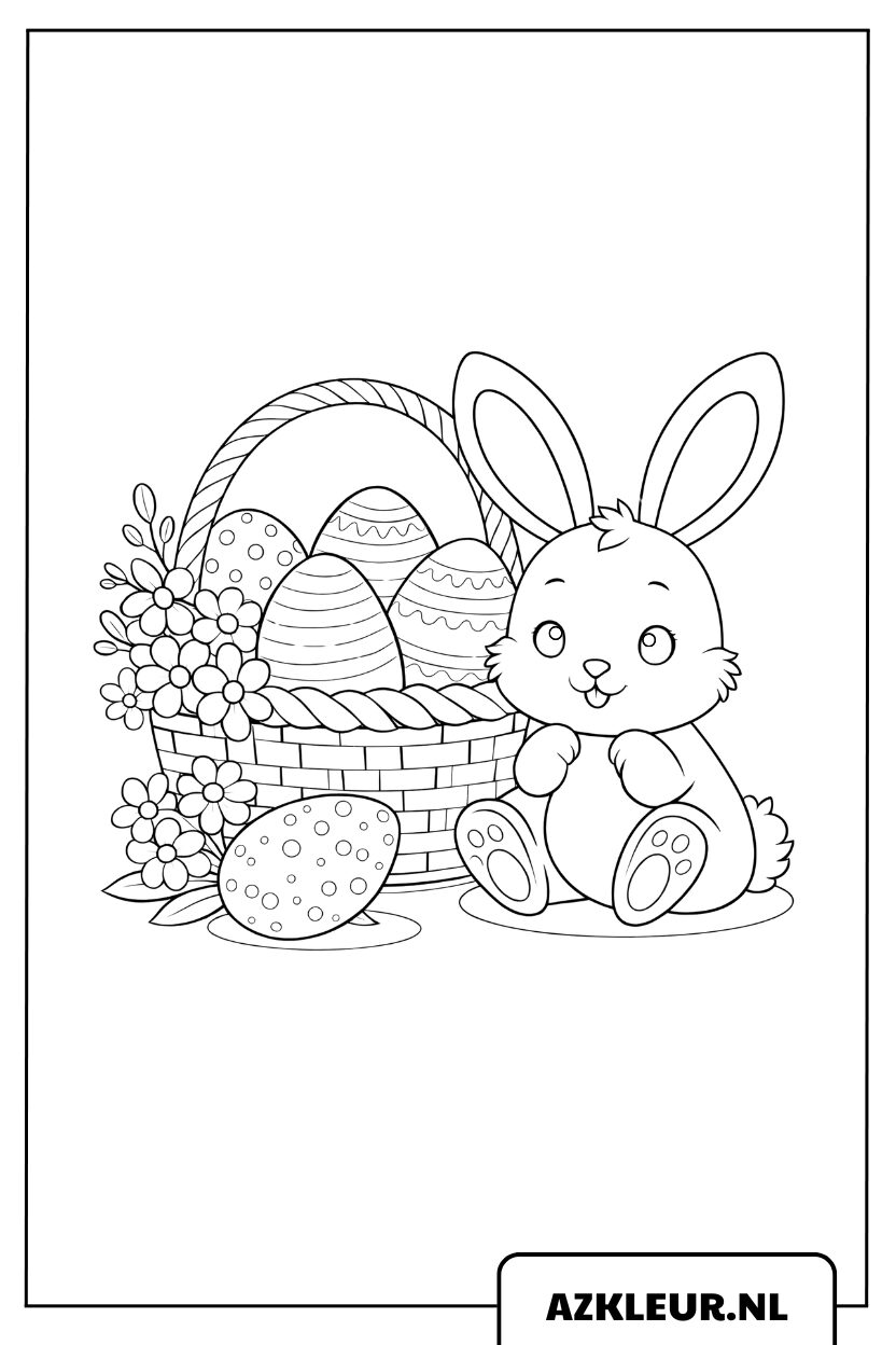Kleurplaat Konijntje en Paasmand met Eieren