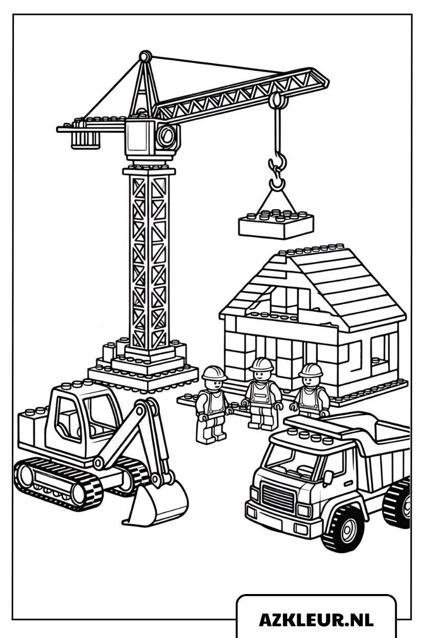 Kleurplaat Lego bouwplaats met kraan