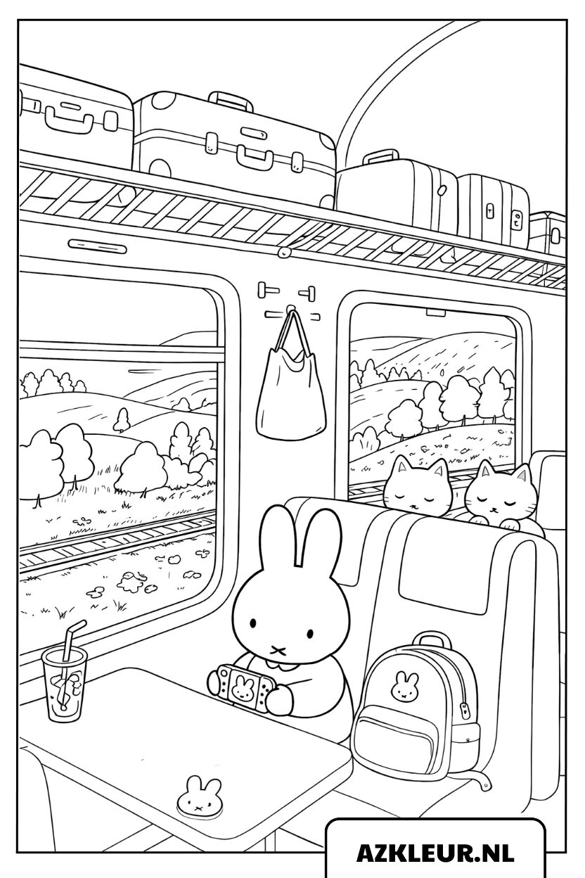Kleurplaat Miffy zit in een treinwagon