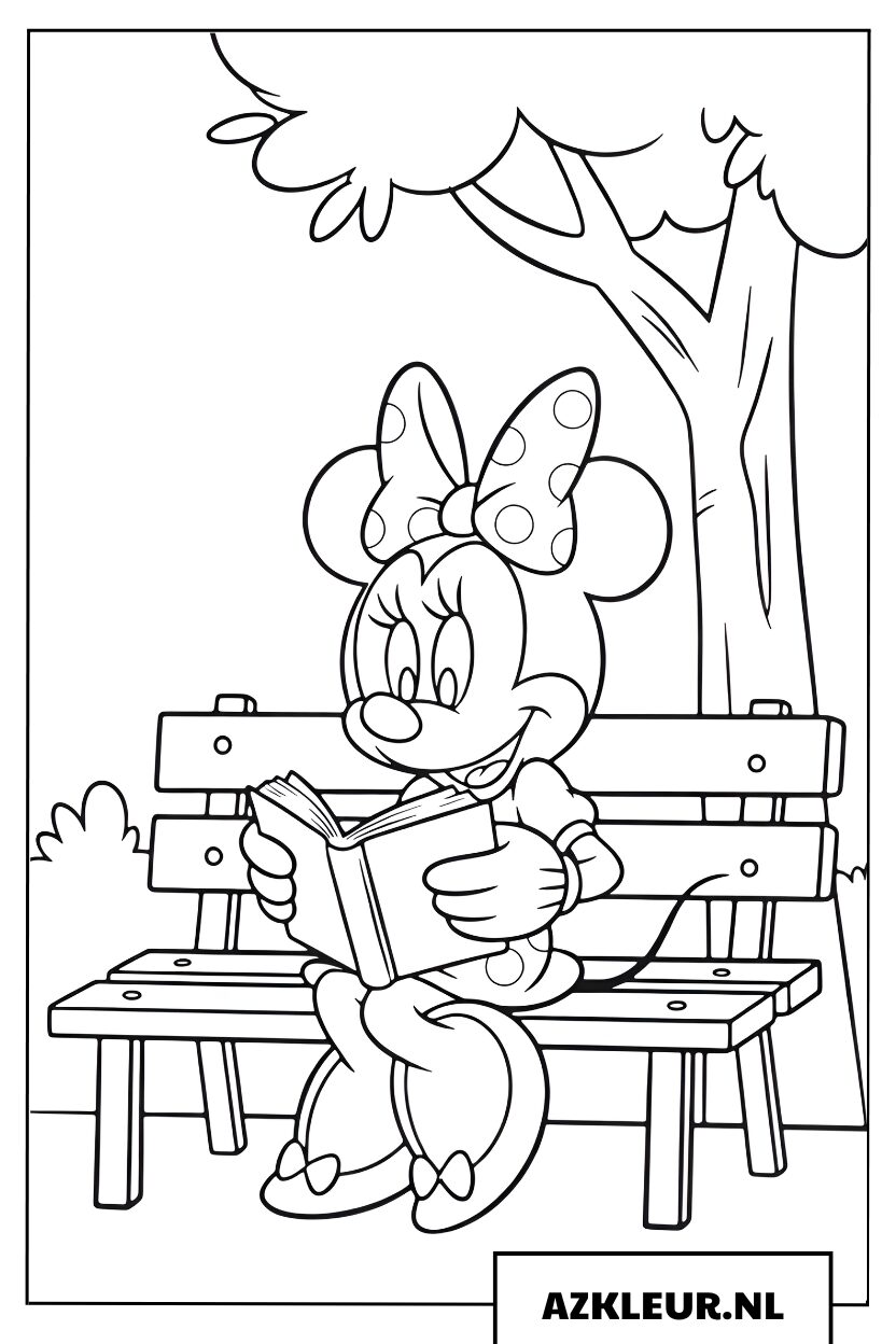 Kleurplaat Minnie Mouse leest een boek op een houten bankje