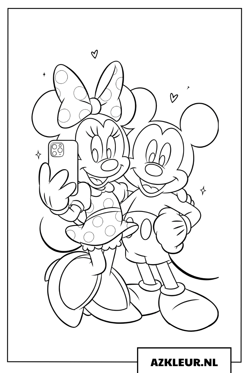 Kleurplaat Minnie en Mickey maken samen een selfie