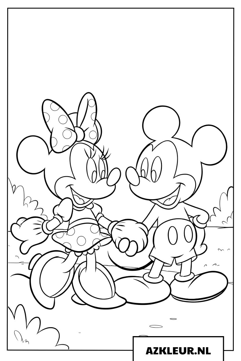 Kleurplaat Minnie en Mickey wandelen hand in hand