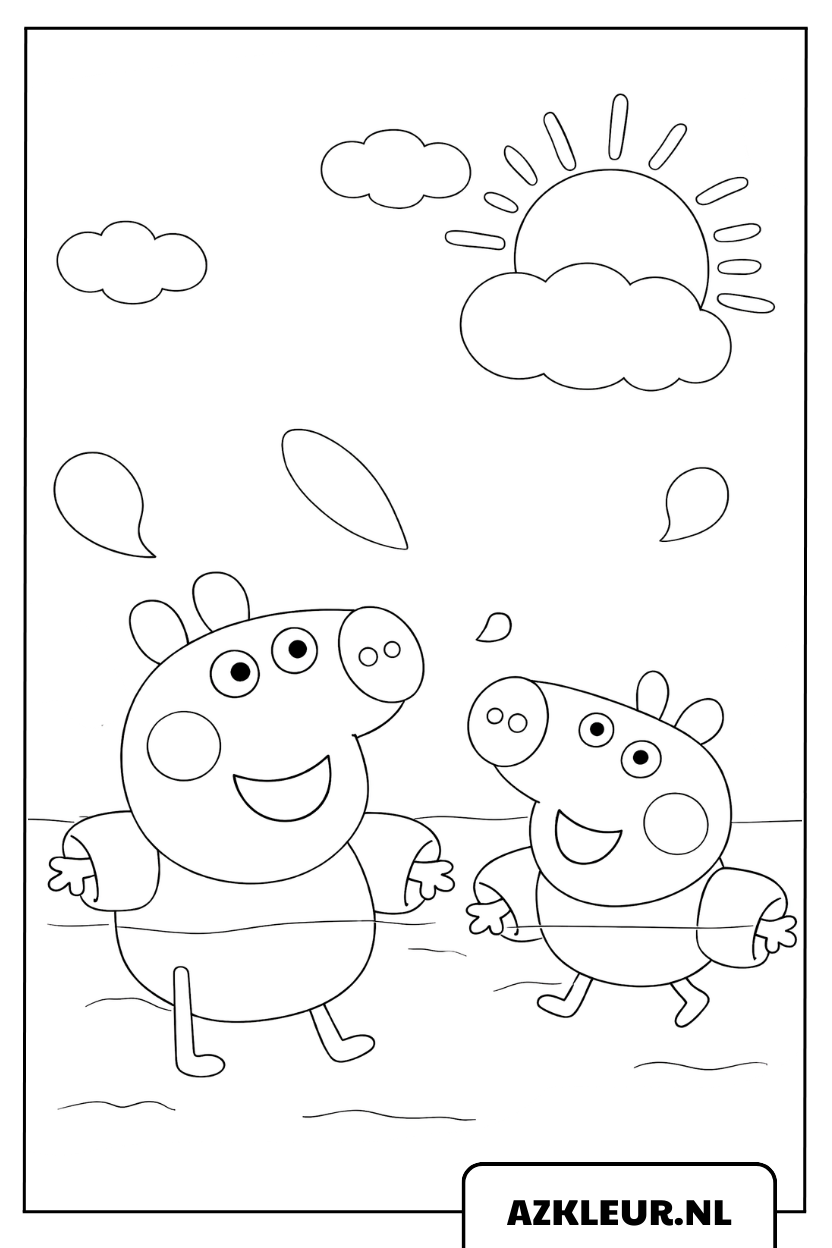 Kleurplaat Peppa en George spelen in het water