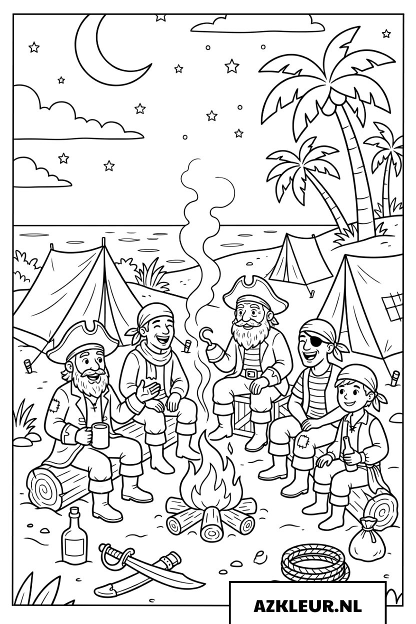 Kleurplaat Piratenkamp bij Kampvuur