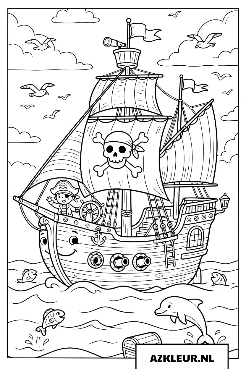 Kleurplaat Piratenschip op Zee