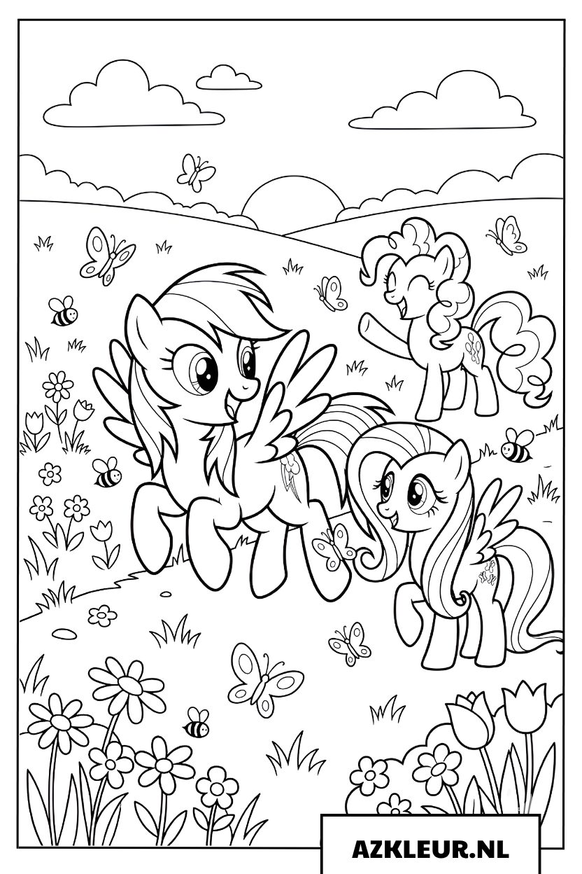 Kleurplaat Pony’s spelen in een bloemenveld