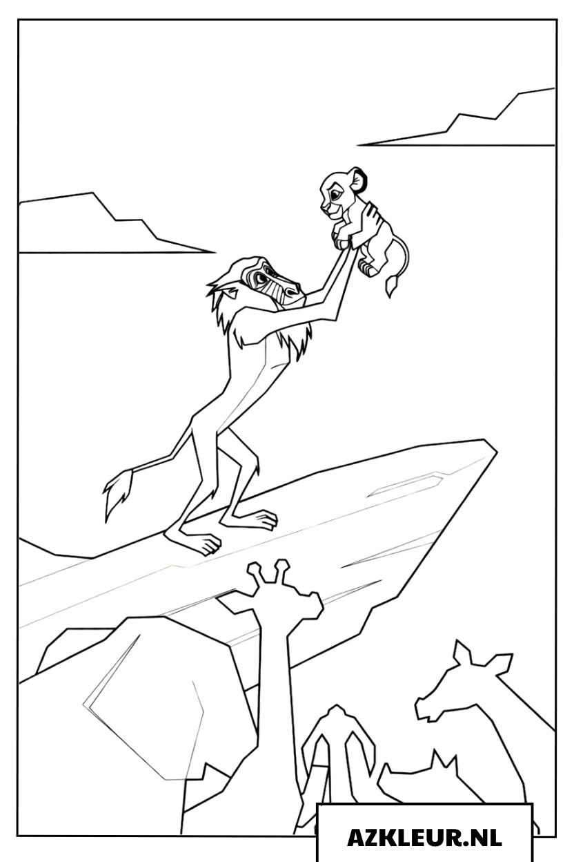 Kleurplaat Rafiki tilt baby Simba op