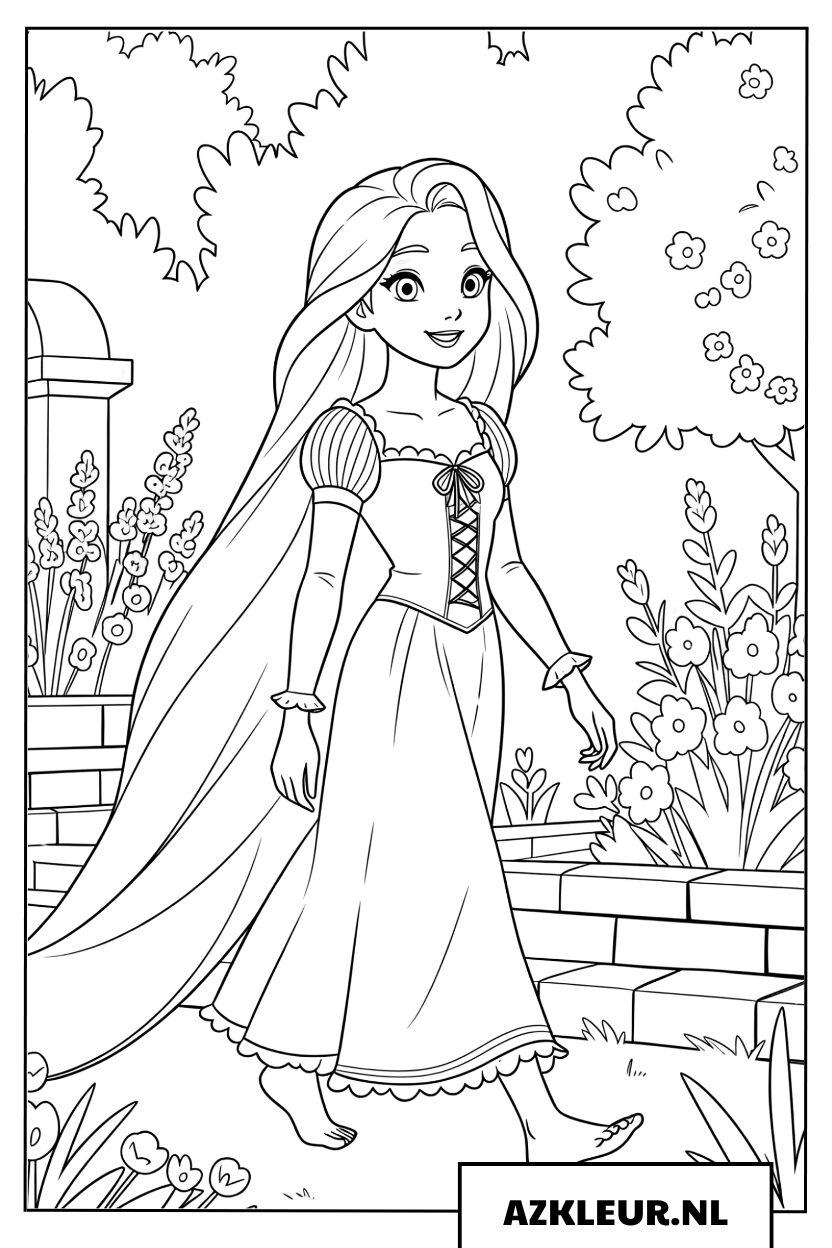 Kleurplaat Rapunzel in de bloementuin