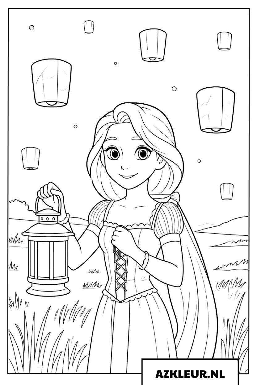 Kleurplaat Rapunzel met lampionnen