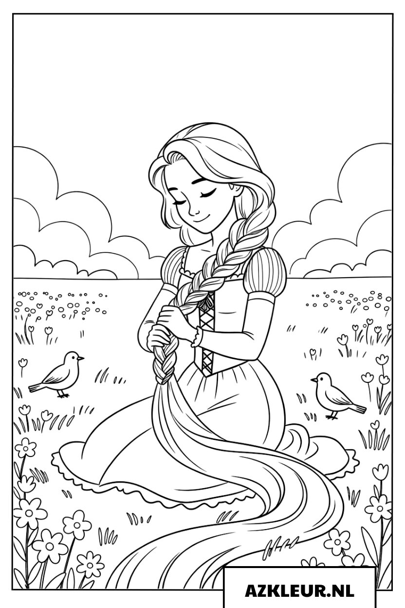 Kleurplaat Rapunzel vlecht haar haar