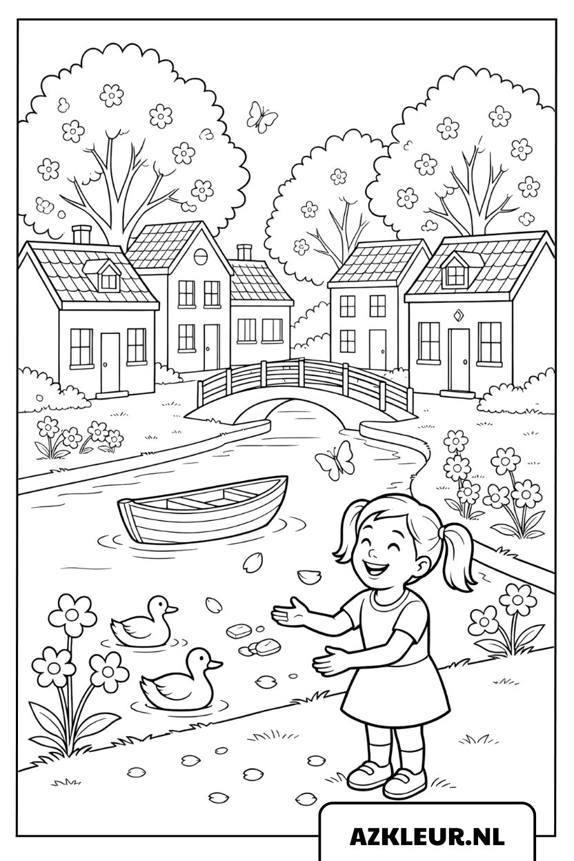 Kleurplaat Rustig Dorp in de Lente
