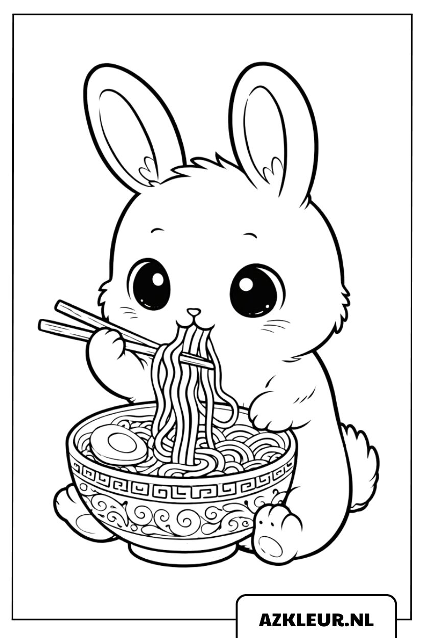 Página para colorear del conejito lindo con fideos