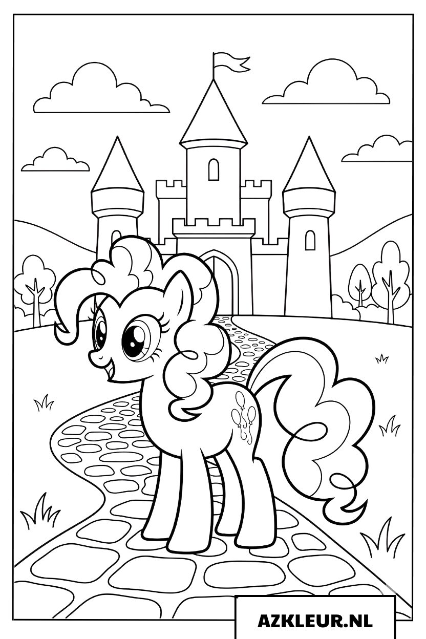 Kleurplaat Schattige pony voor een kasteel