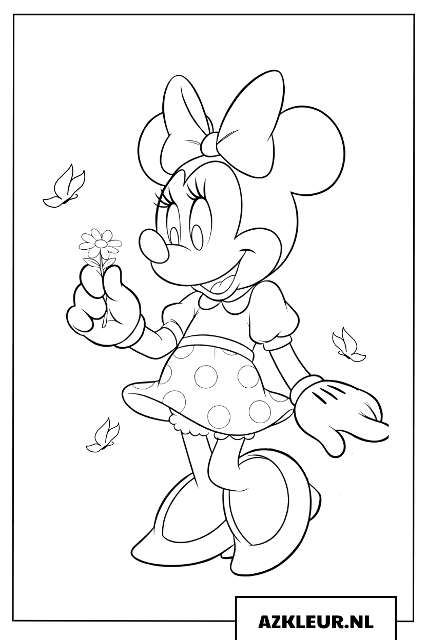 Kleurplaat Sierlijke Minnie Mouse met een bloem