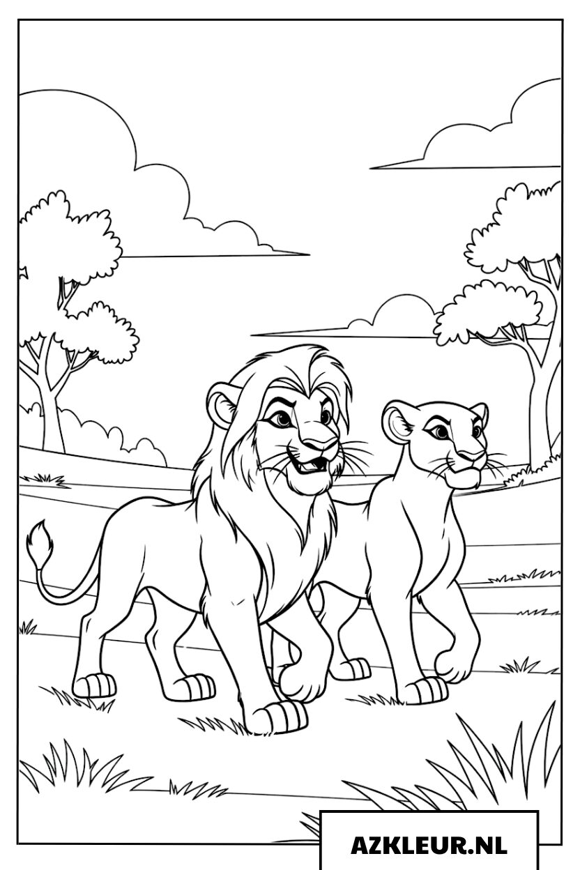 Kleurplaat Simba en Nala wandelen in de savanne