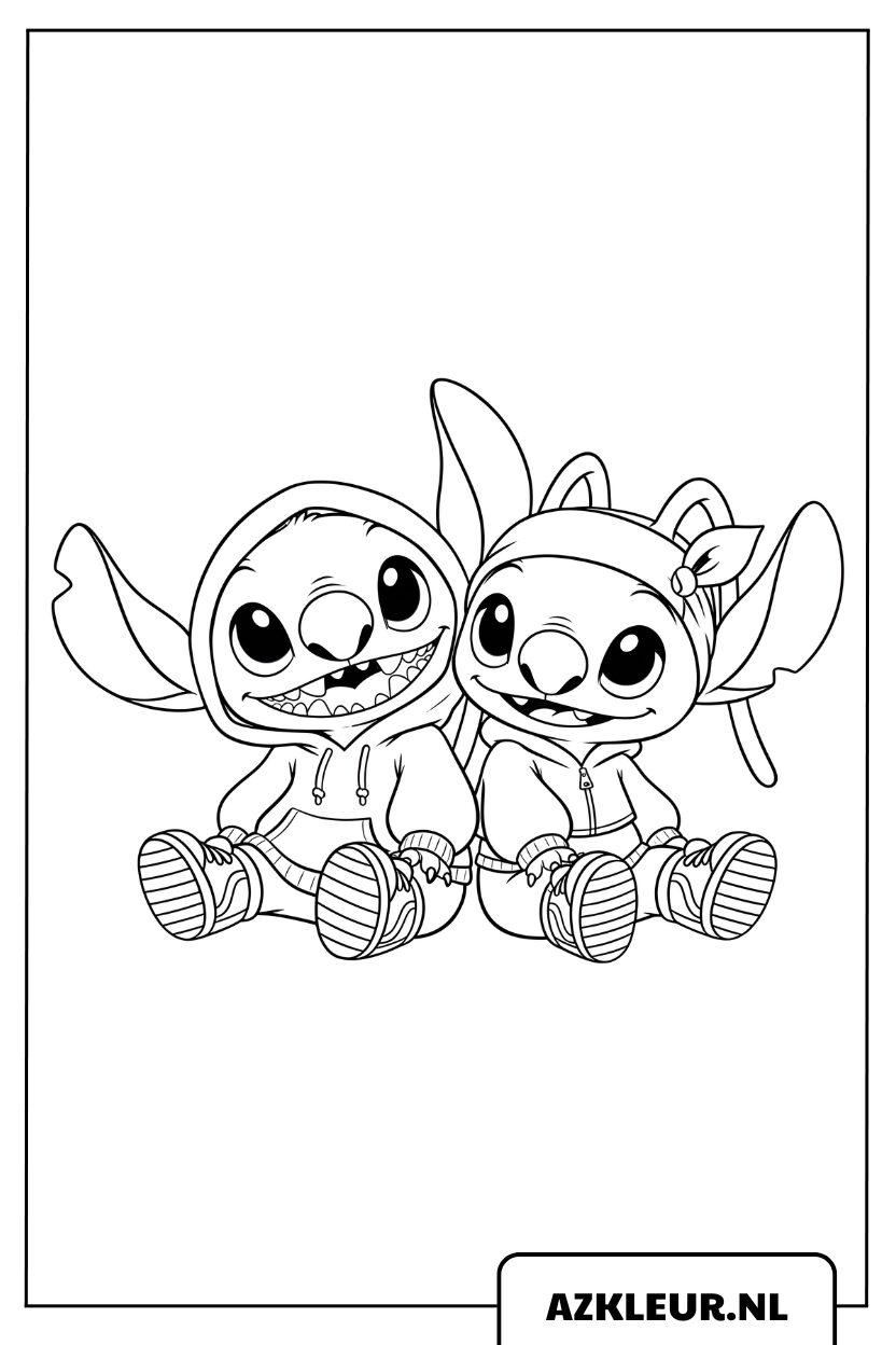 Kleurplaat Stitch en Angel zitten samen