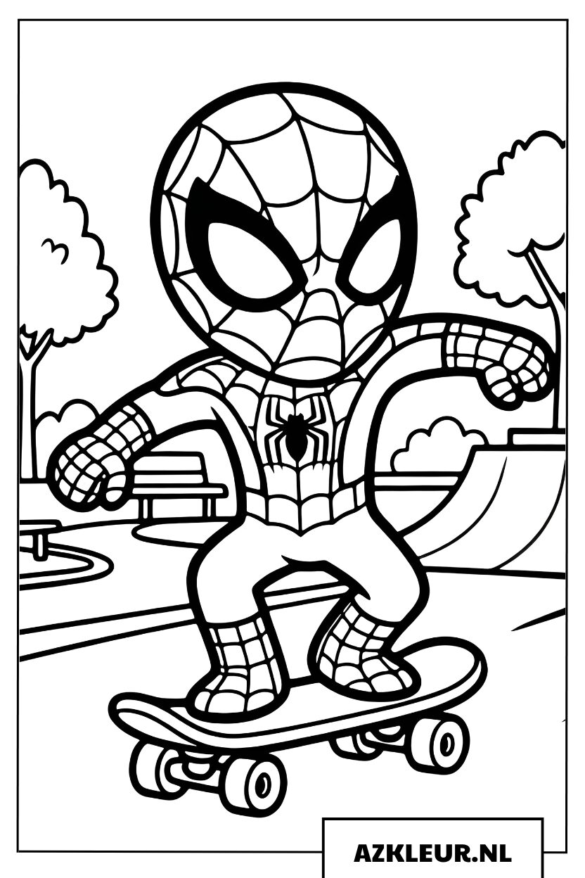 Kleurplaat Stoere Spiderman op een skateboard