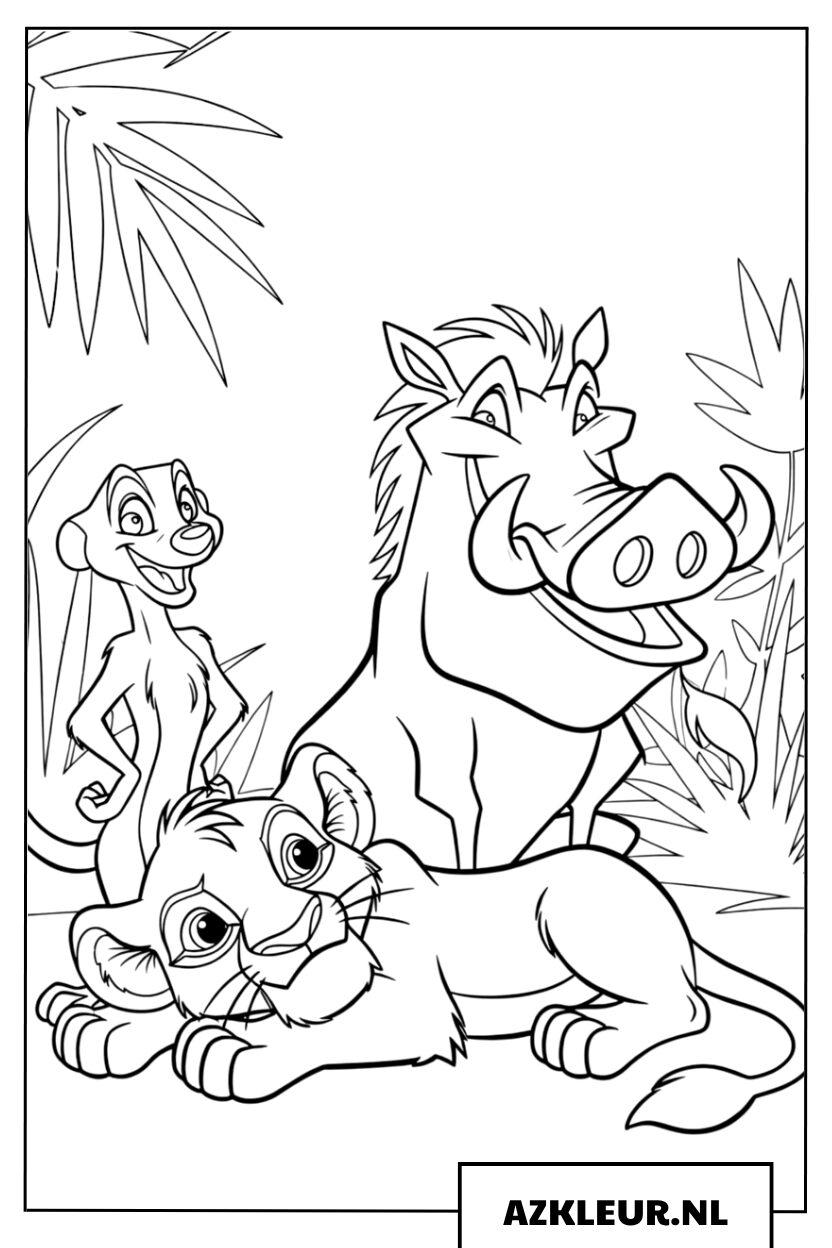 Kleurplaat Timon, Pumbaa en Simba