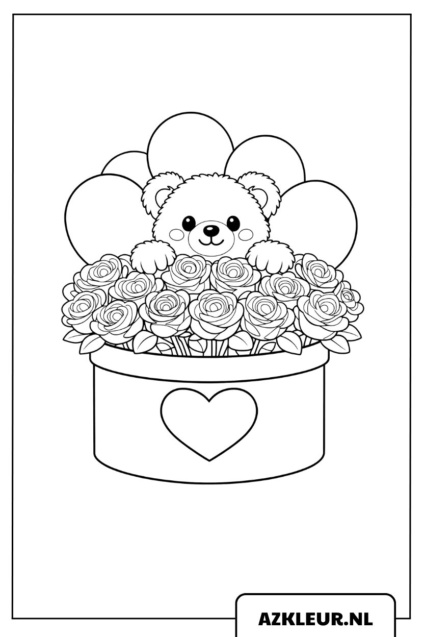 Kleurplaat Valentijns Bloemenbox met Hart