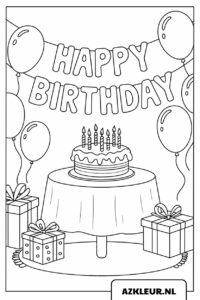 Página para colorear de cumpleaños con pastel, globos y guirnaldas