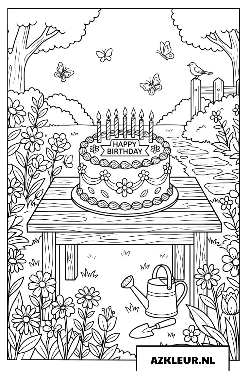 Kleurplaat Verjaardagstaart in Bloementuin