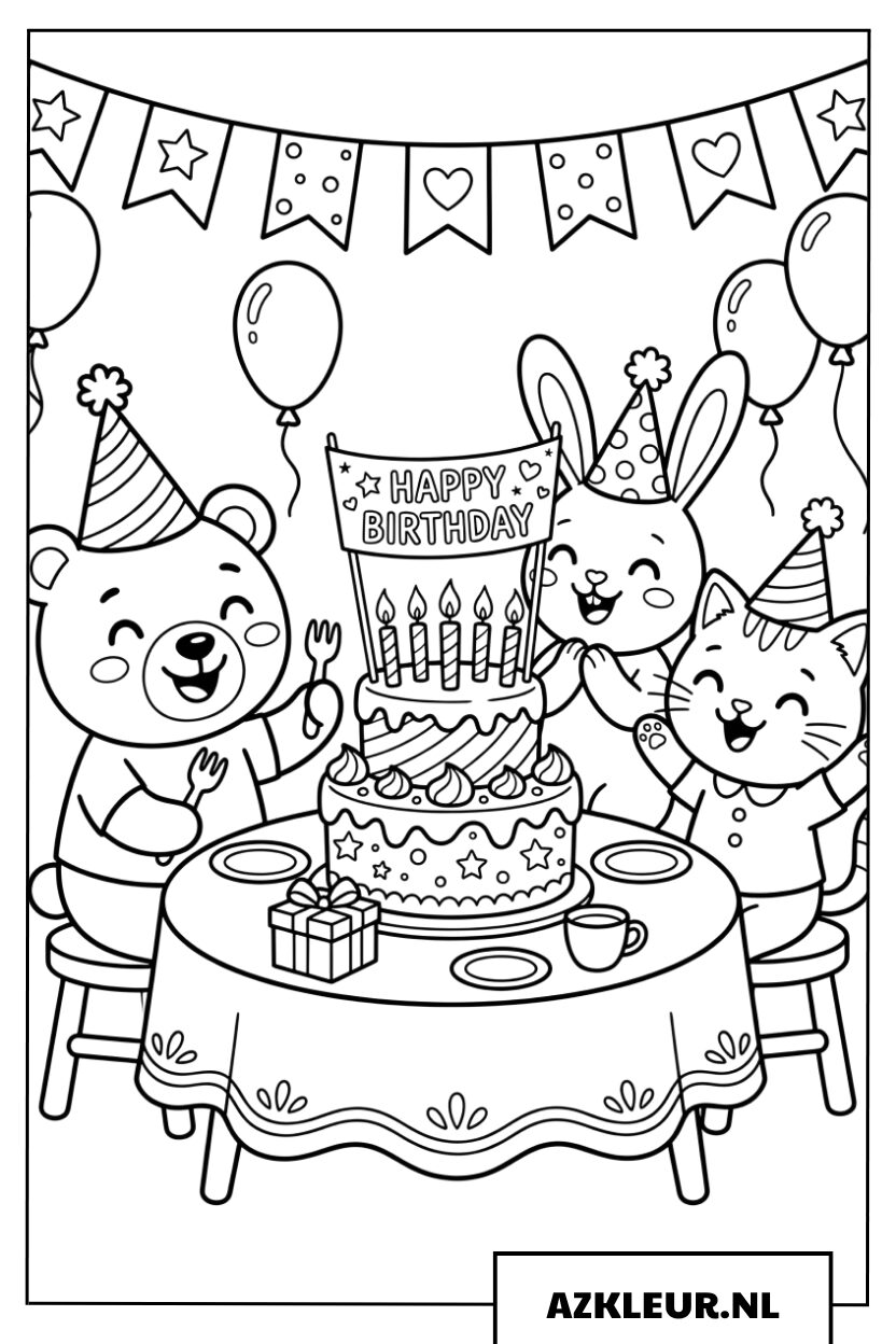 Kleurplaat Vrolijk Verjaardagsfeest met Taart