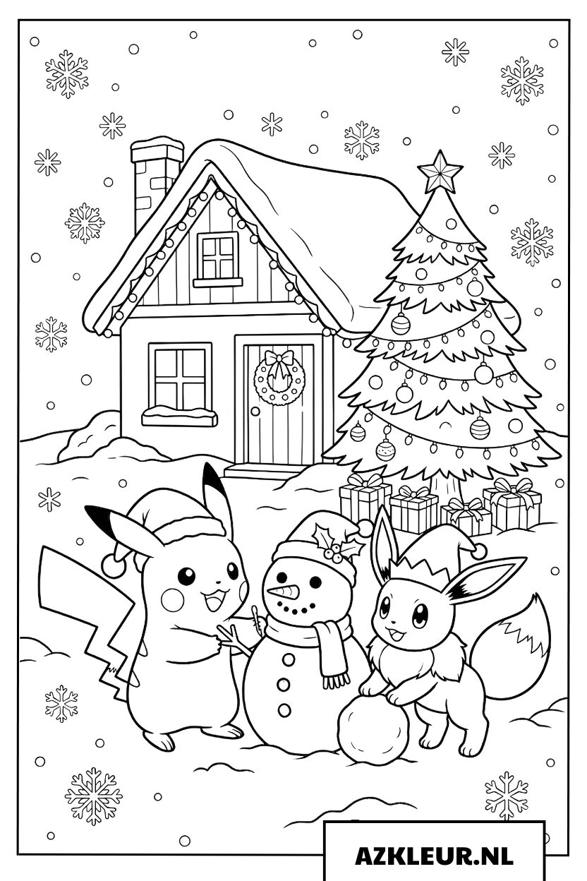 Kleurplaat Warme kerst met Pikachu en Eevee
