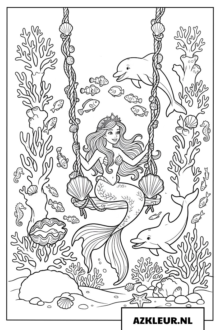 Kleurplaat Zeemeermin op een oceaan schommel