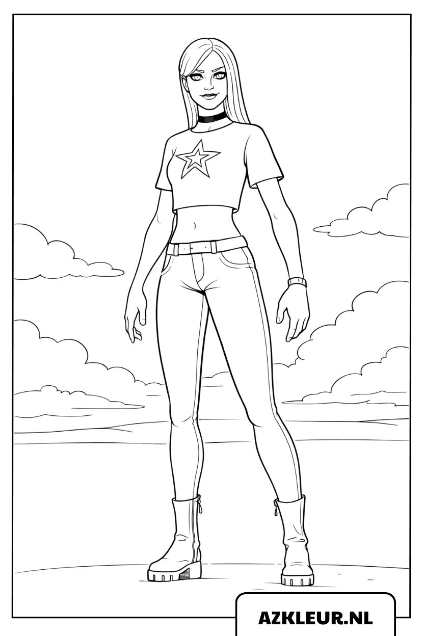 Kleurplaat Zelfverzekerd vrouwelijk Fortnite-personage met crop top