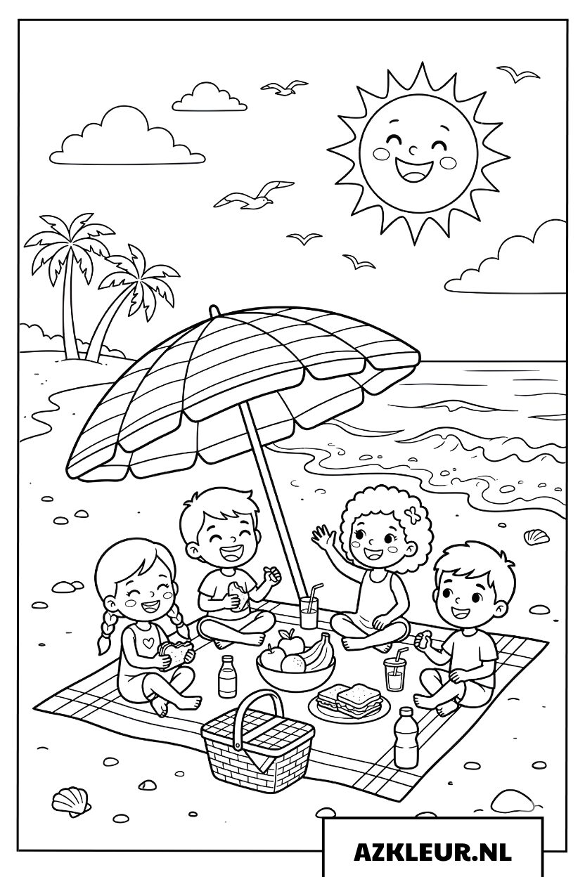 Kleurplaat Zomer gezellige picknick aan het strand
