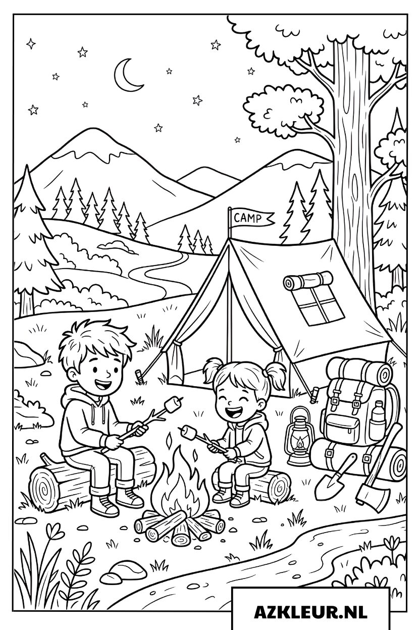 Kleurplaat Zomer kamperen bij het kampvuur