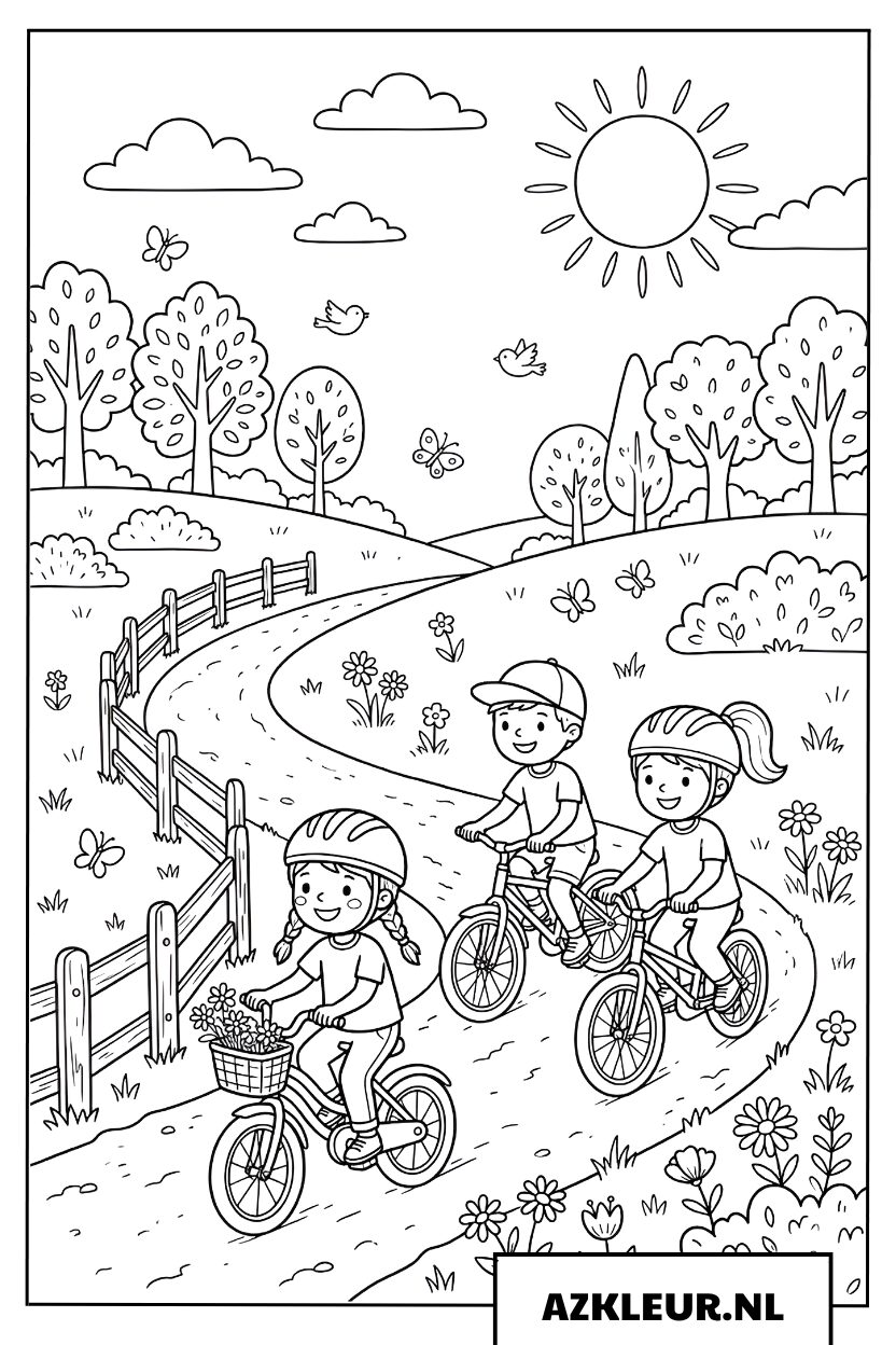 Kleurplaat Zomer kinderen op de fiets in de zon