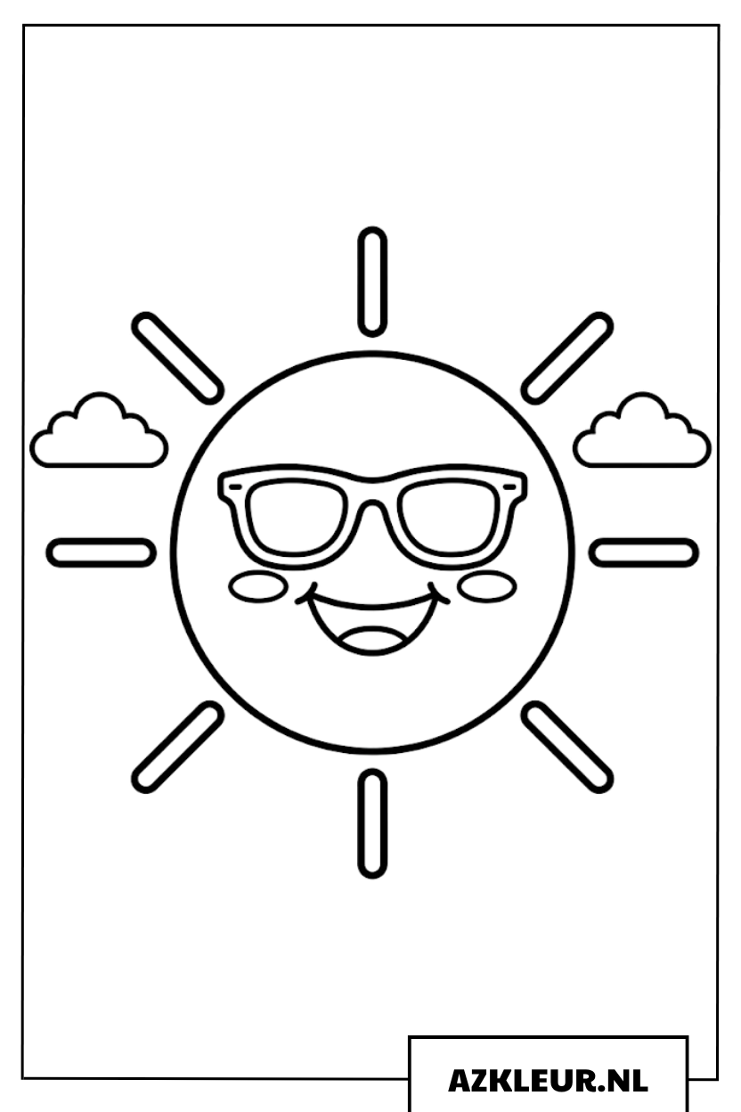 Kleurplaat Zomer lachende zon met een zonnebril