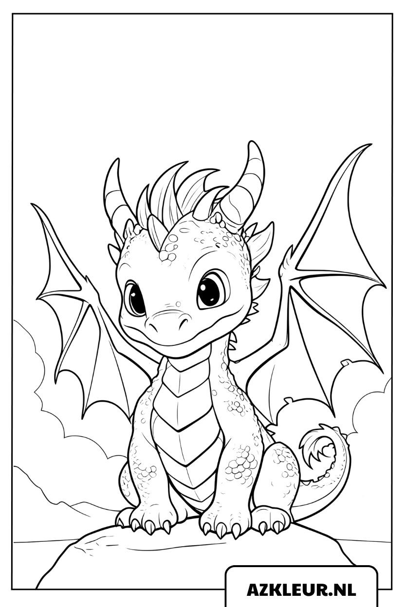 Kleurplaat babydraak op de top van een berg