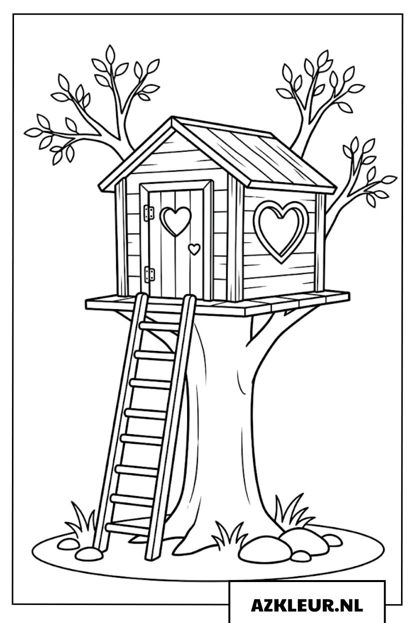 Kleurplaat boomhut met hartjes ramen