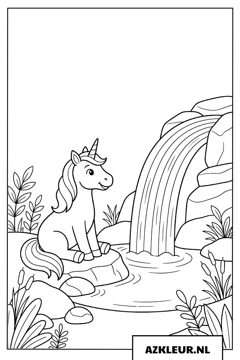 Kleurplaat eenhoorn bij een waterval en een prachtige regenboog